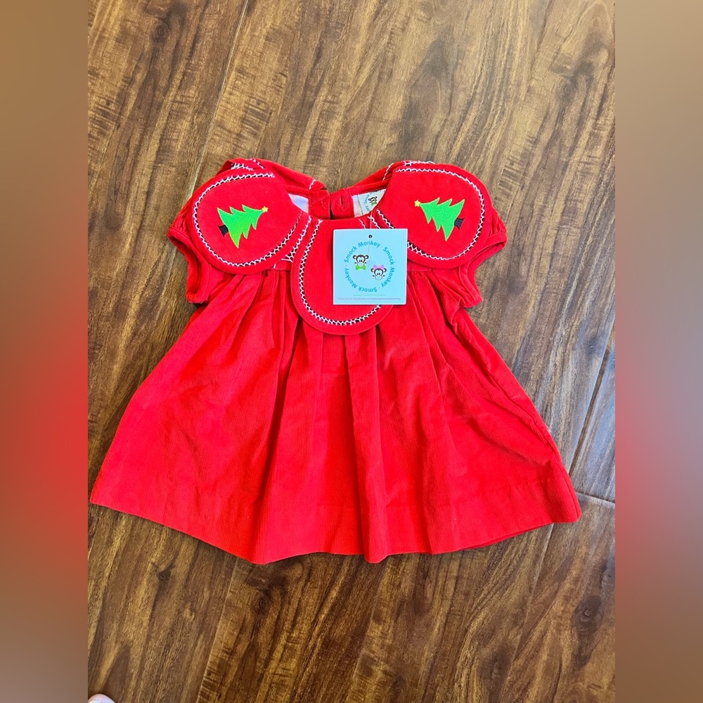 Smock Monkey red Christmas tree dress 3m